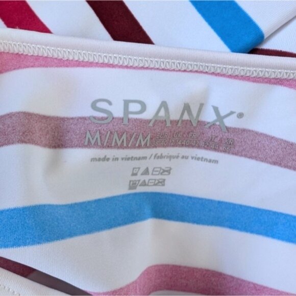 Spanx Swim Shirt Rash Guard M Ocean Stripe Hibiscus Red Blue White Beach UPF - Picture 5 of 6